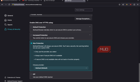 Mullvad browser showing DNS over HTTPS options