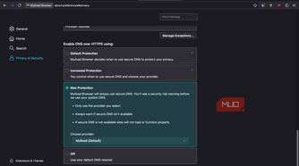 Mullvad browser showing DNS over HTTPS options