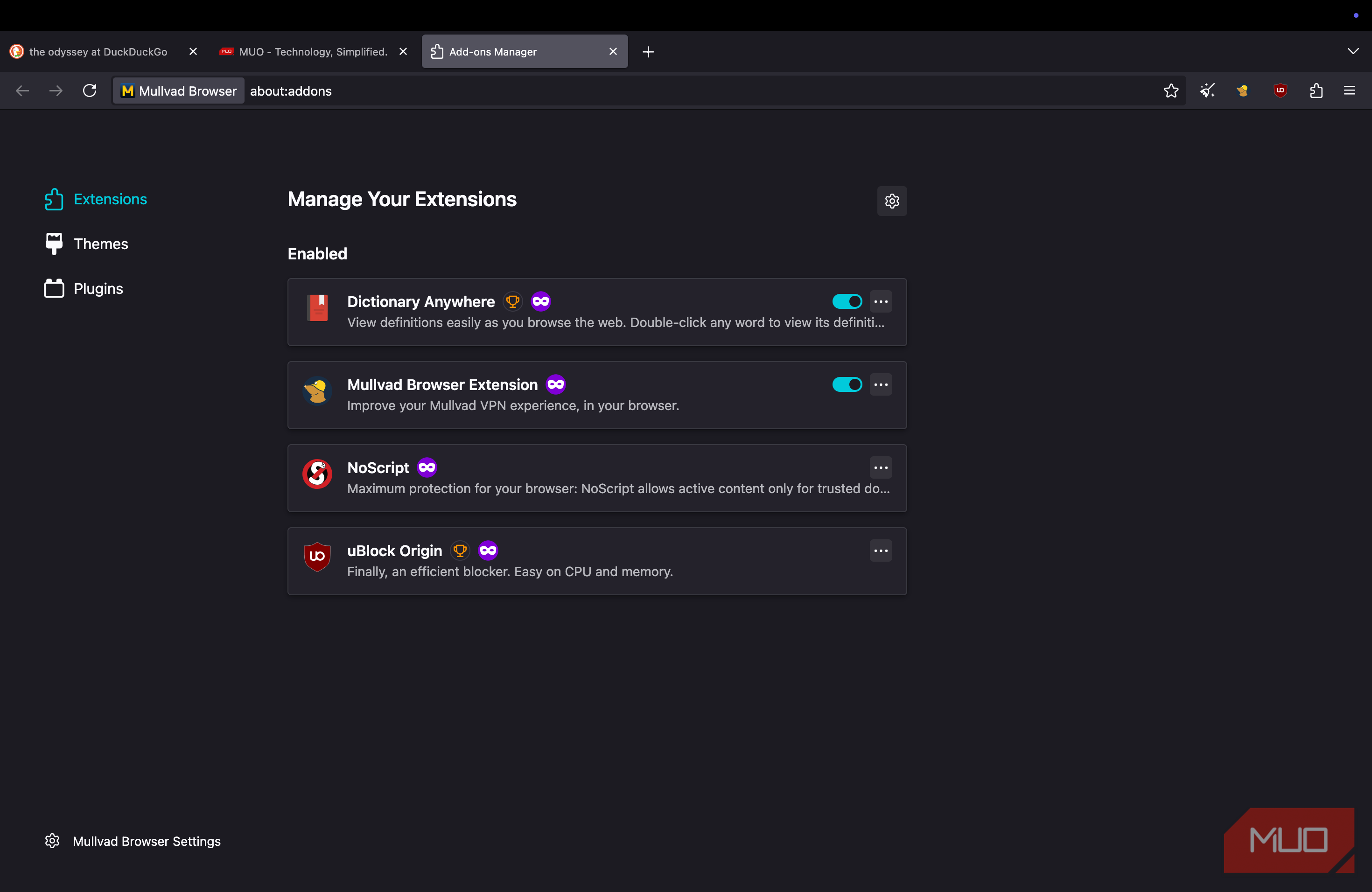 Mullvad browser showing the extension page