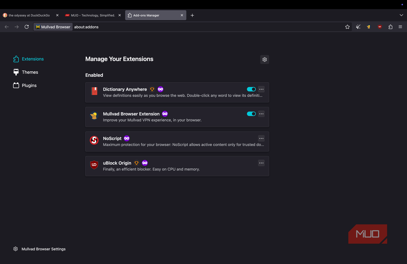 Mullvad browser showing the extension page