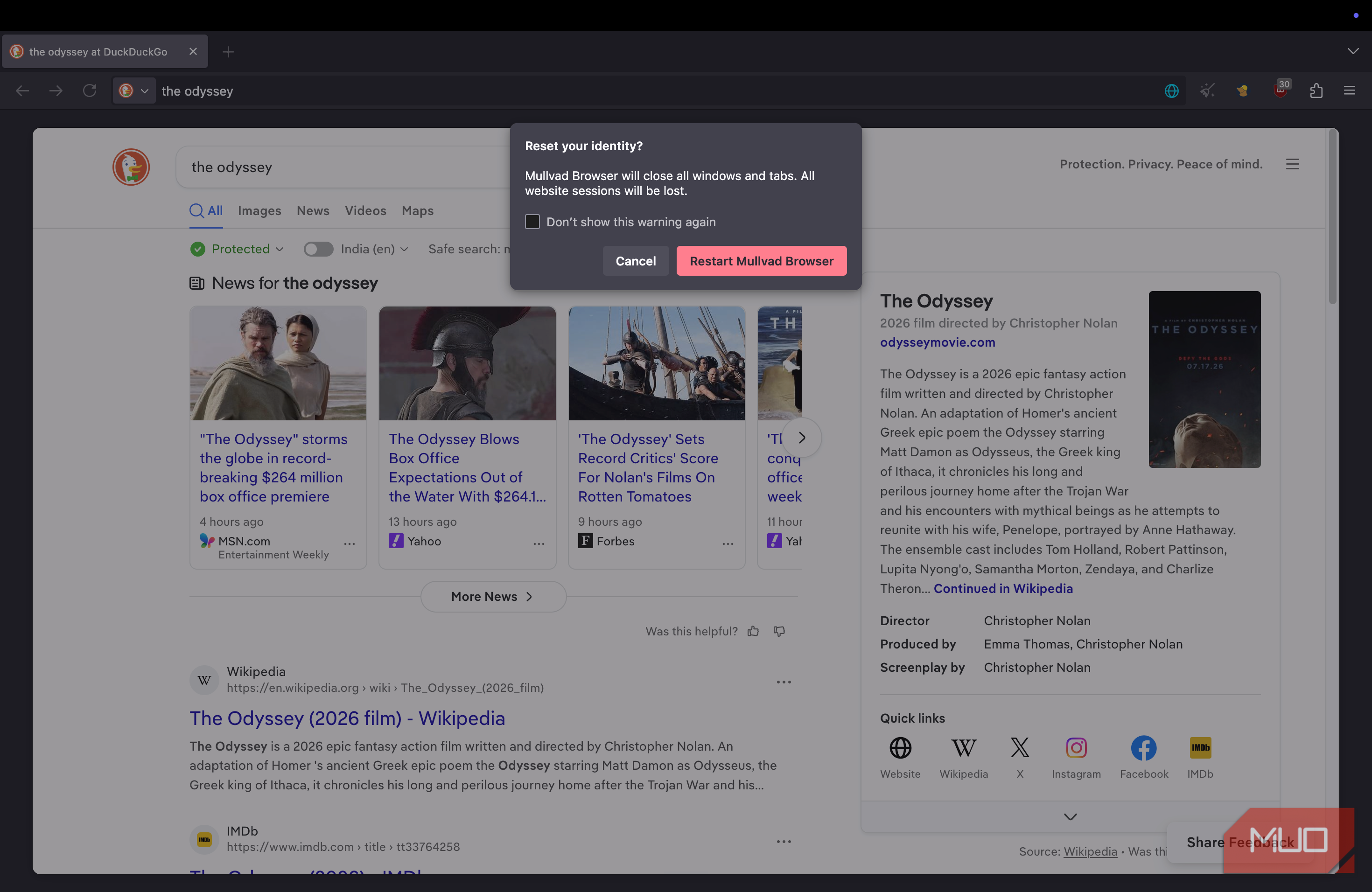 Mullvad browsers displaying the one-click reset button