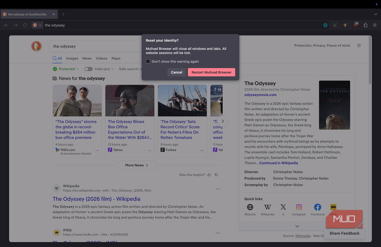 Mullvad browsers displaying the one-click reset button