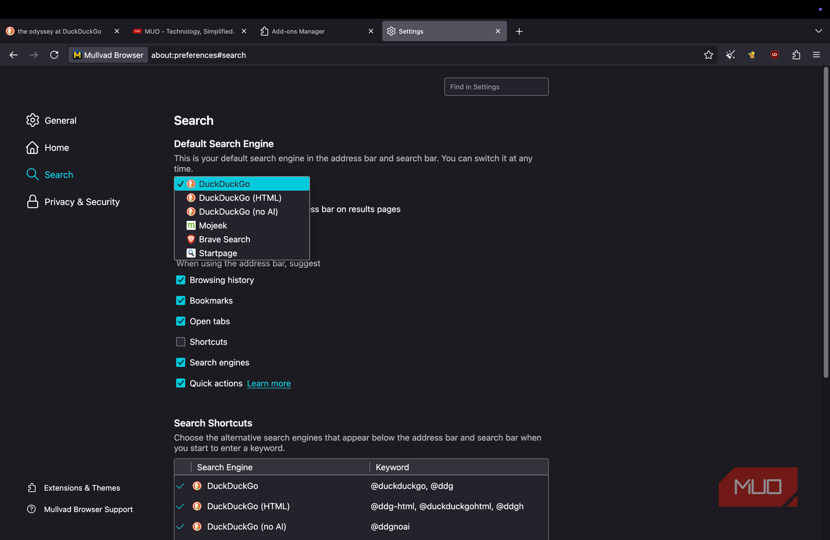Mullvad browser displaying the settings page