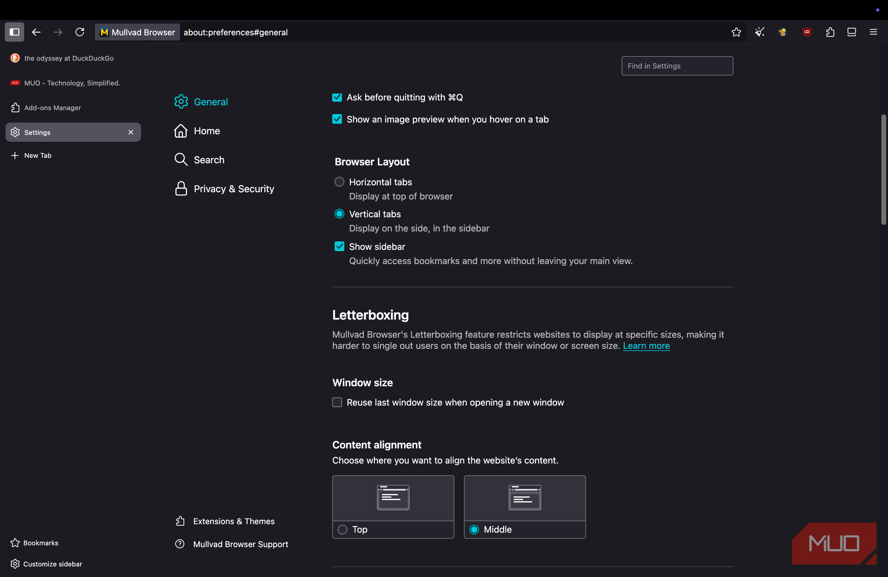 Mullvad browser showing the settings page with vertical tabs