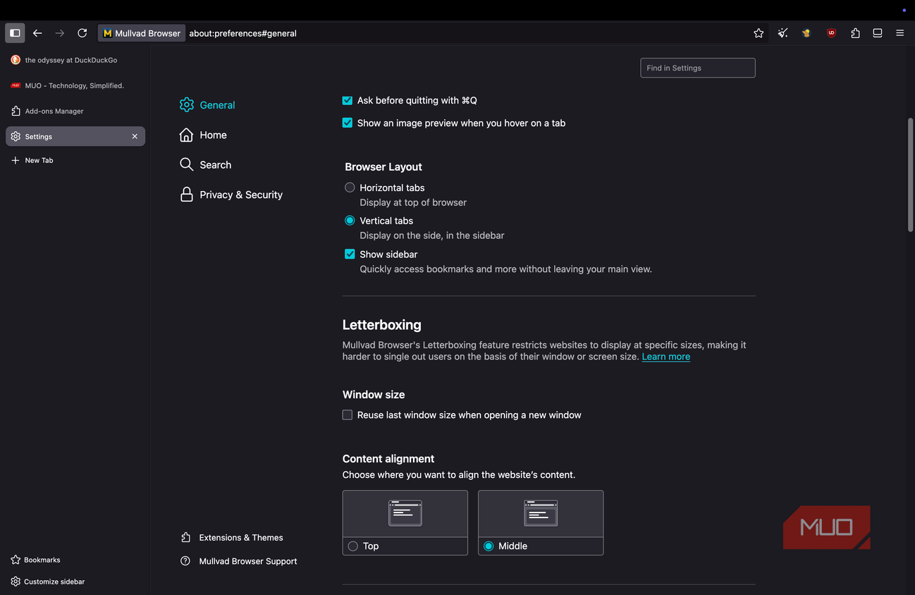 Mullvad browser showing the settings page with vertical tabs