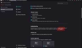 Mullvad browser showing the settings page with vertical tabs