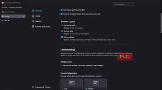 Mullvad browser showing the settings page with vertical tabs