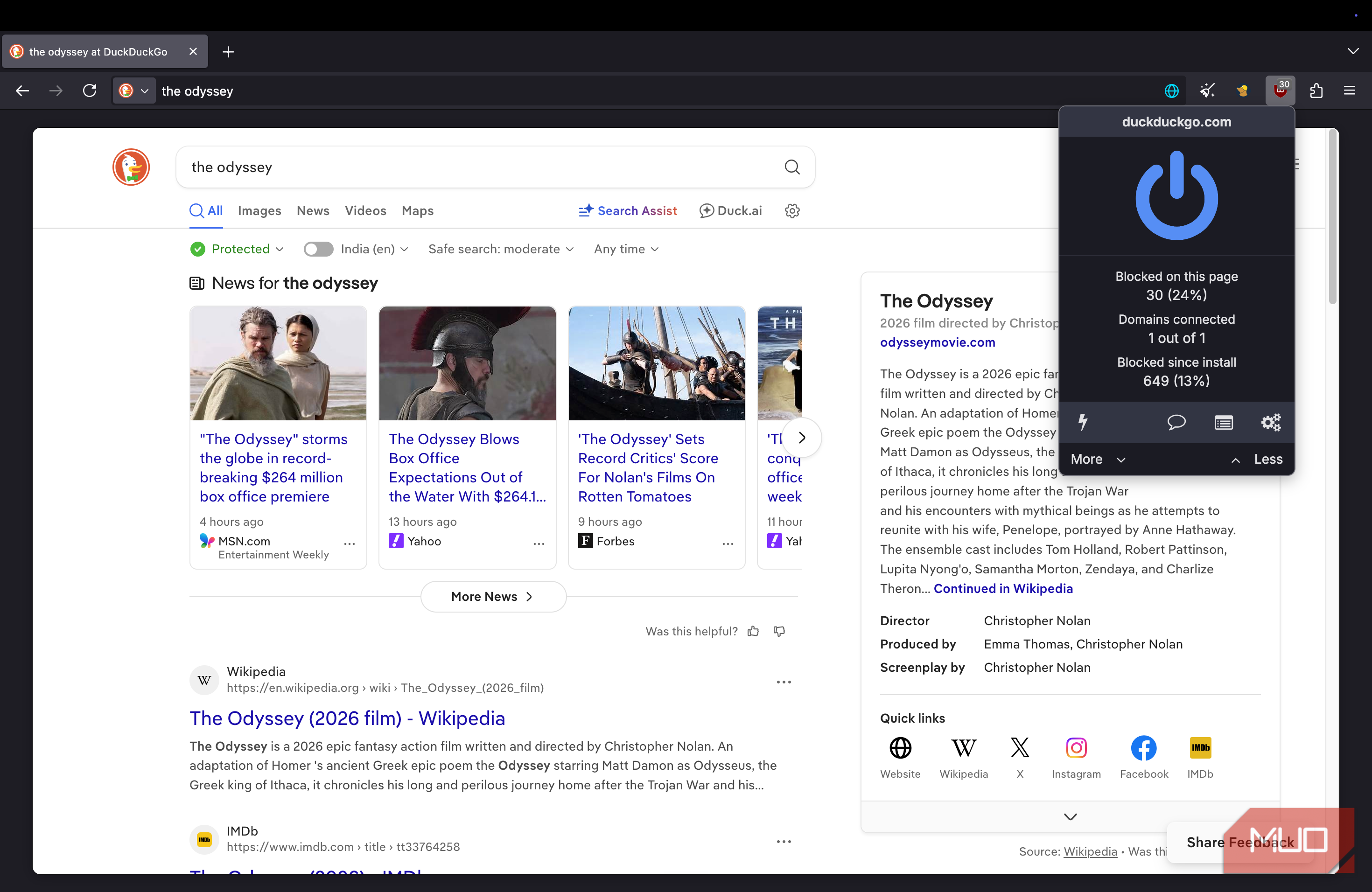 Mullvad browser displaying a web page along with the uBlock Origin icon