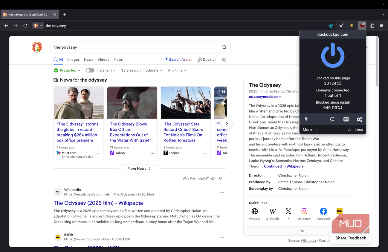 Mullvad browser displaying a web page along with the uBlock Origin icon