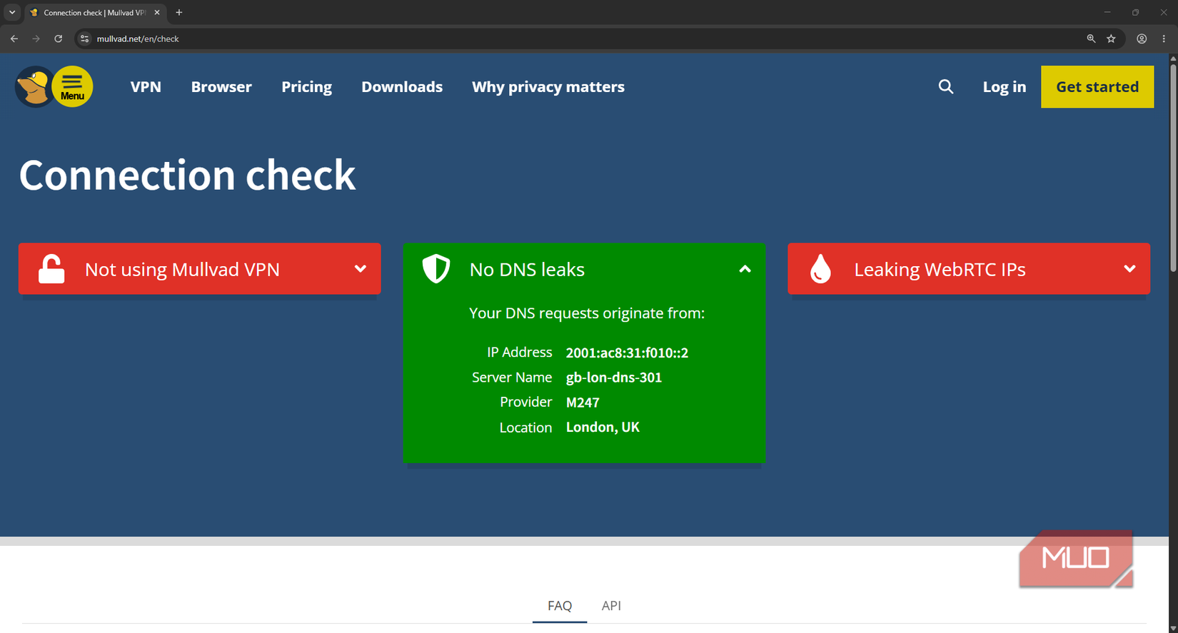 Mullvad DNS leak and connection testing showing use of London DNS servers