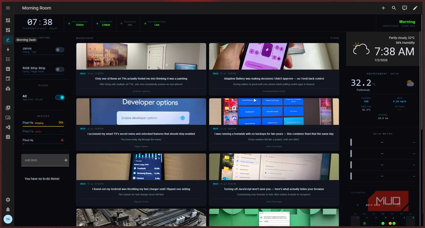 MUO RSS feed in Home Assistant dashboard.