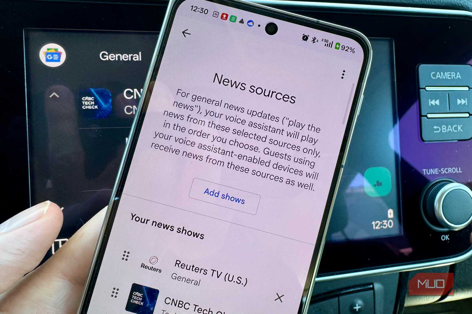 News sources screen on Android phone