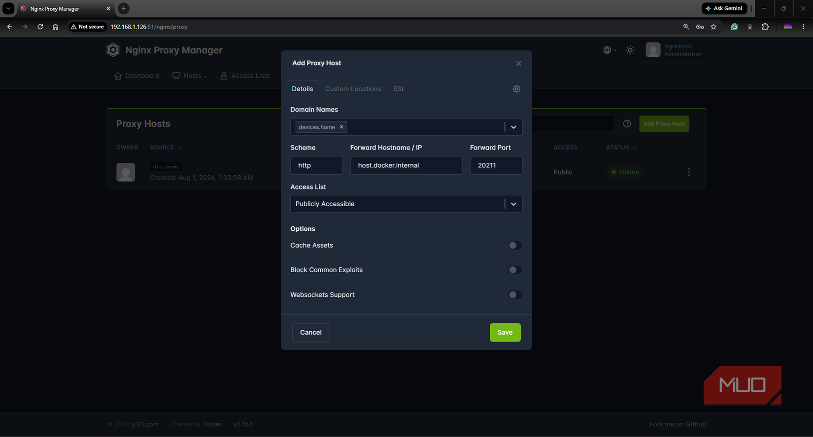 NGINX Proxy Manager adding a proxy host as Docker internal network