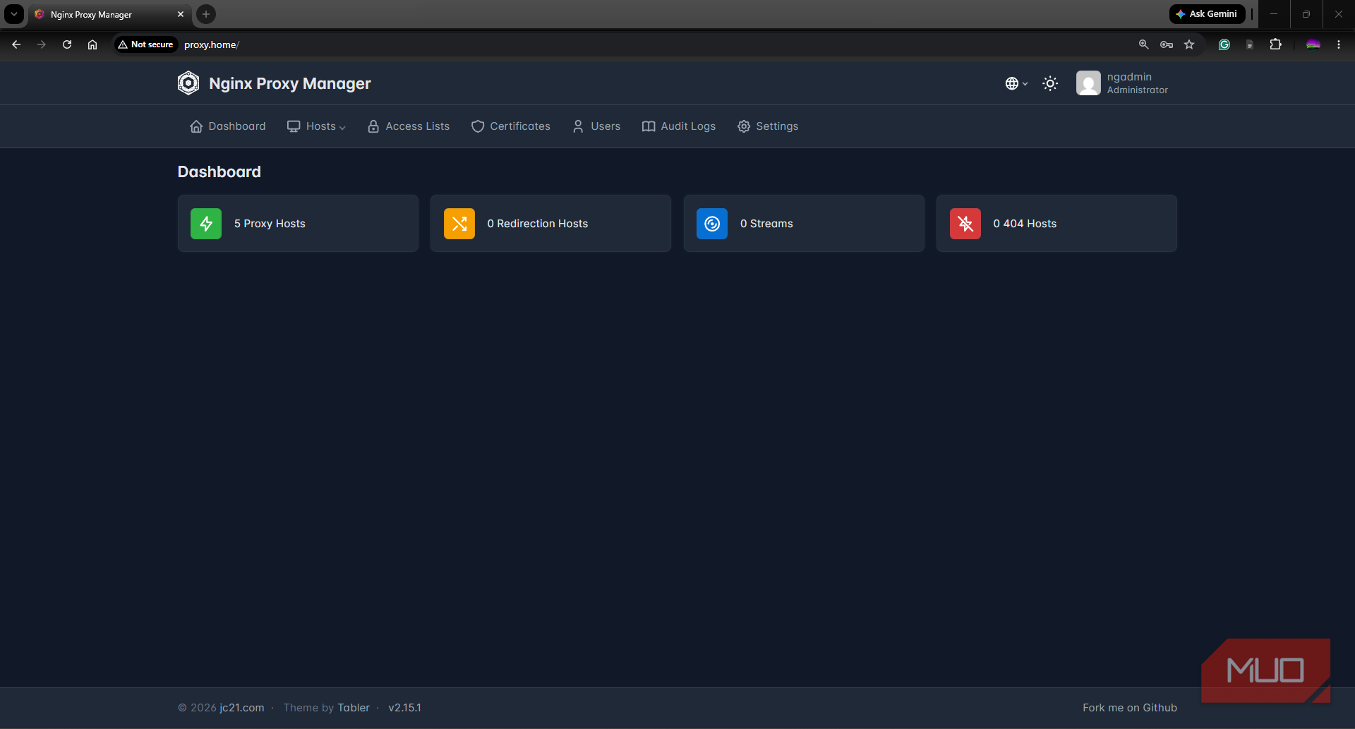 NGINX Proxy Manager dashboard showing configured hosts