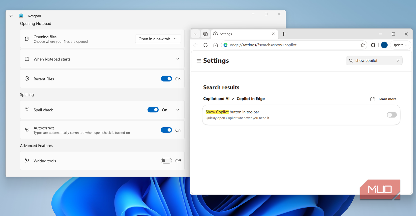 Notepad and Edge showing settings menus on Windows 11 desktop