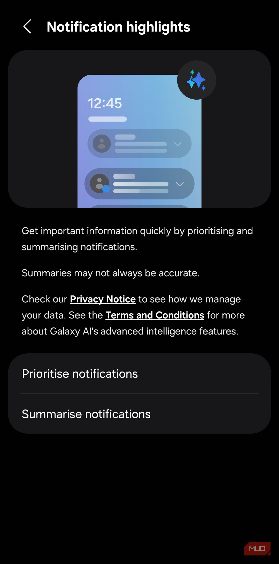 Notification highlights on Samsung phone
