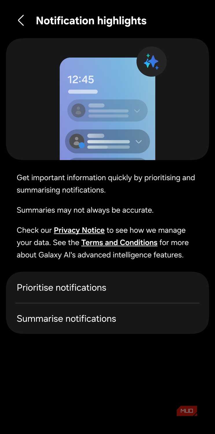 Notification highlights on Samsung phone