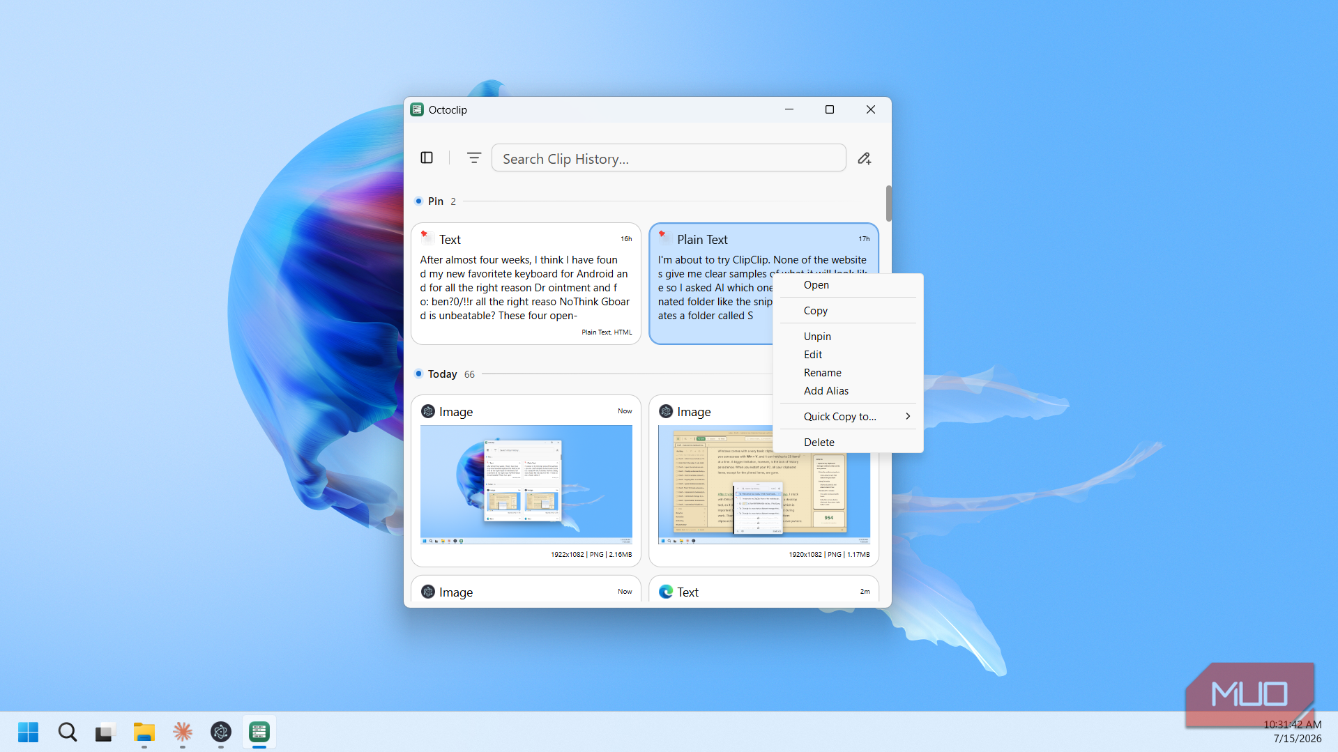 Octoclip clip context menu rename options