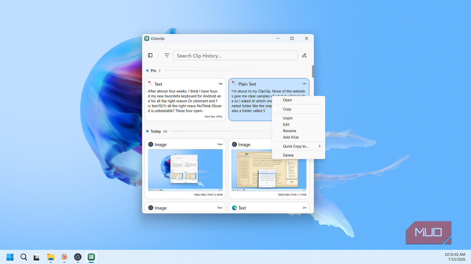 Octoclip clip context menu rename options
