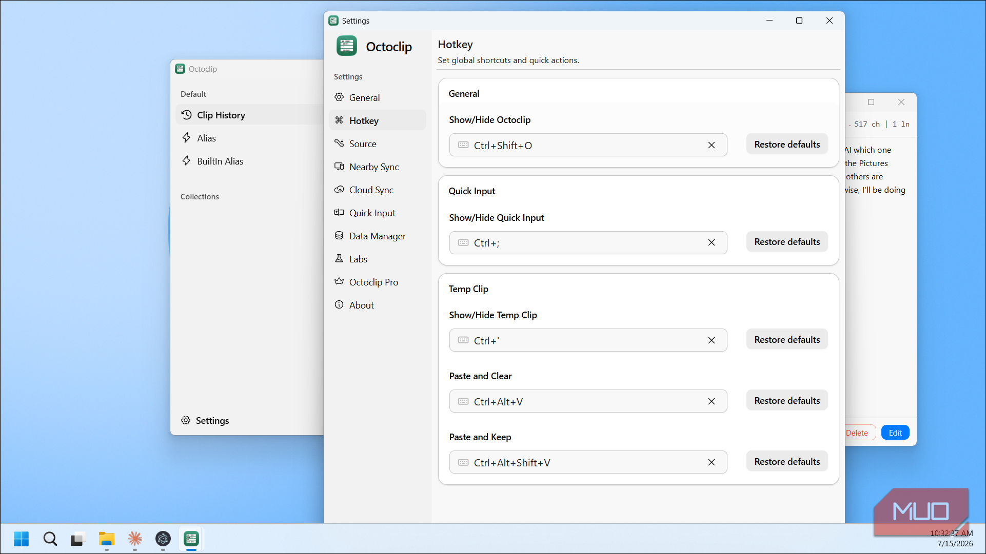Octoclip settings hotkey shortcuts