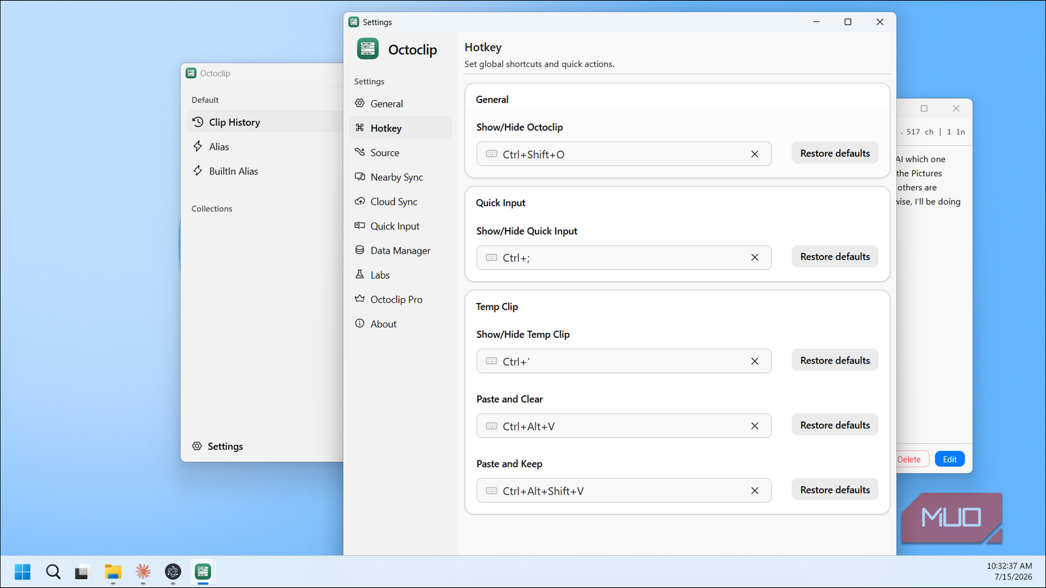 Octoclip settings hotkey shortcuts