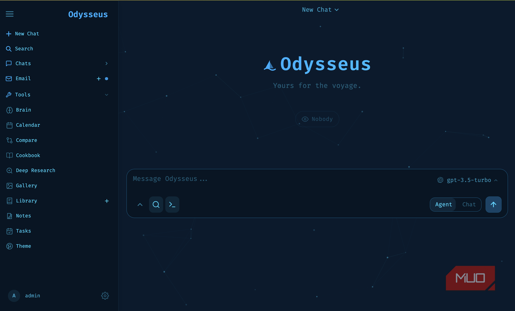 Odysseus AI workspace home screen dark theme