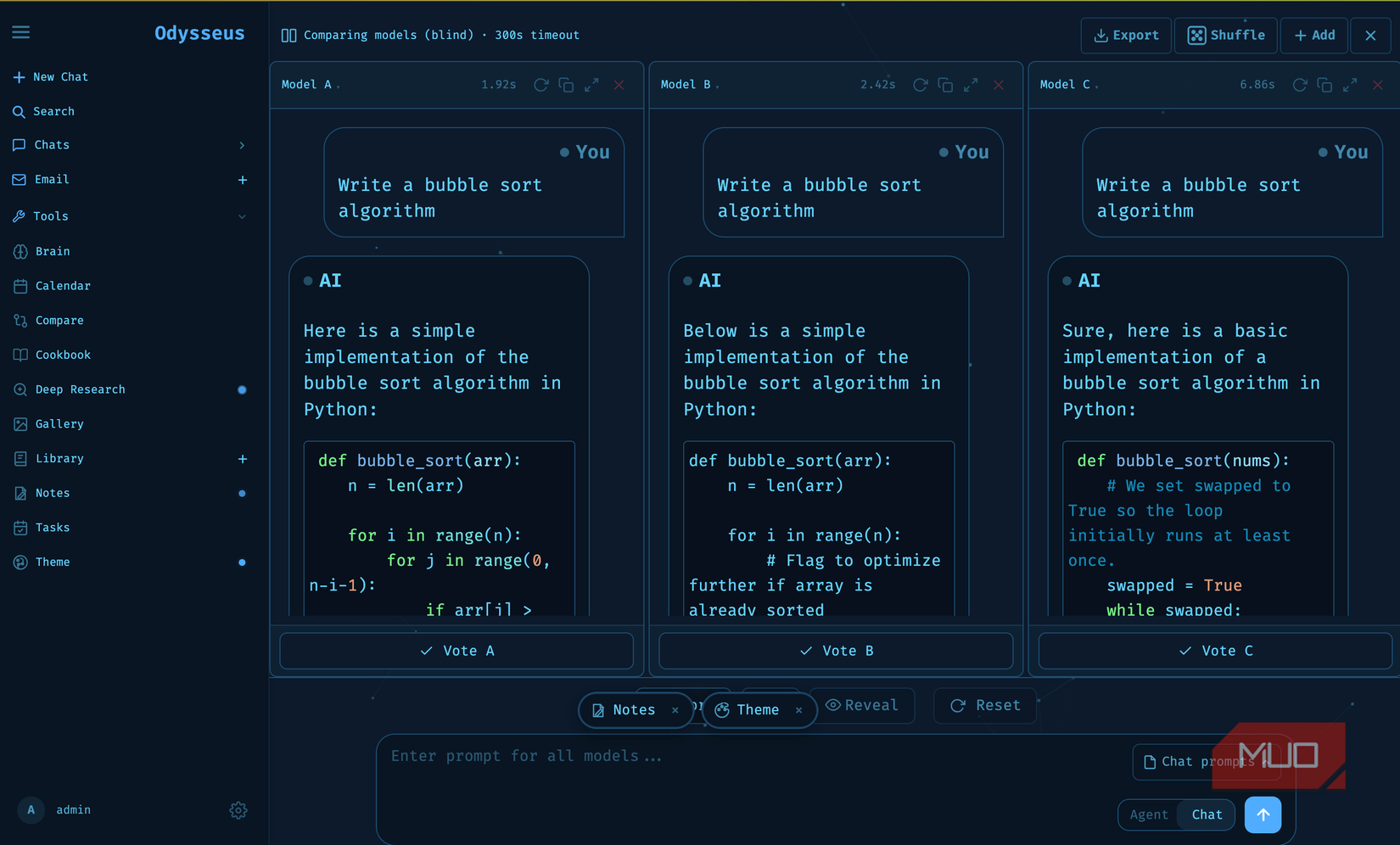 Odysseus compare three models writing bubble sort
