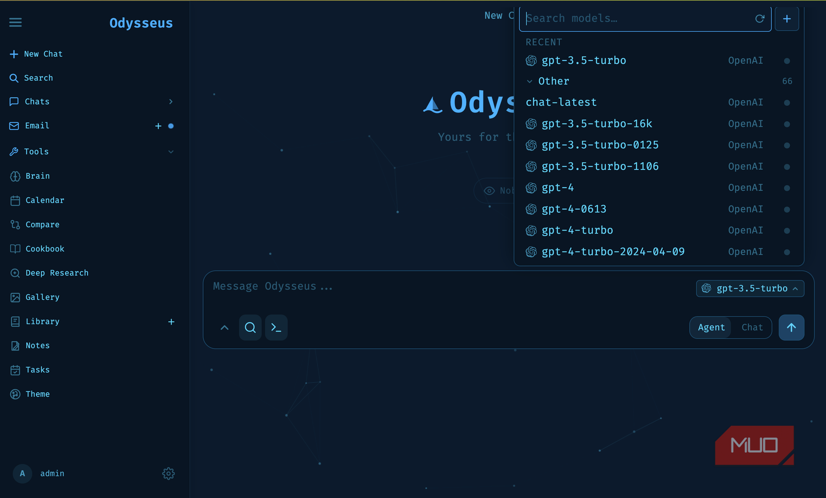 Odysseus model picker dropdown of OpenAI models