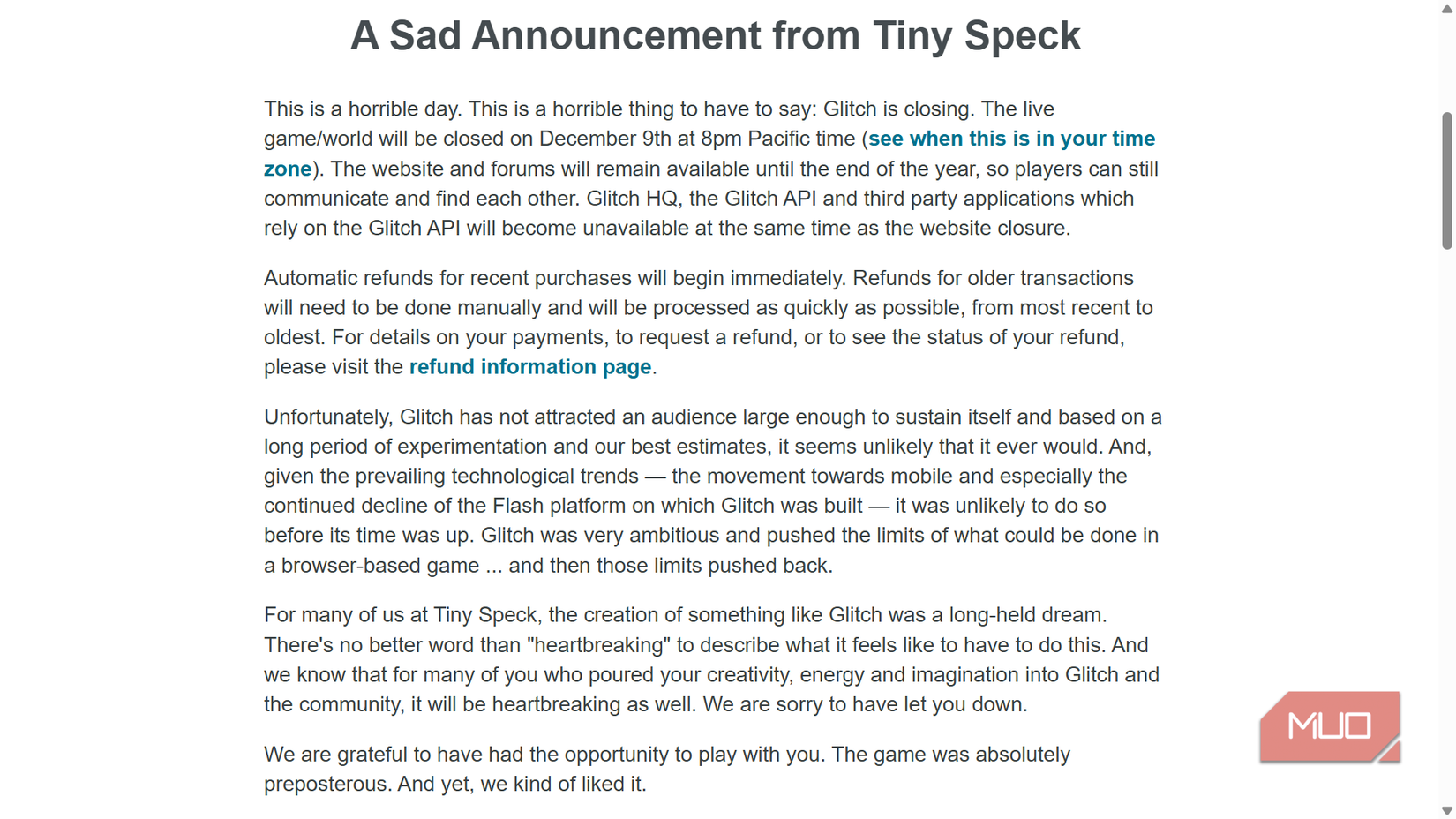 Official announcement about Glitch game closure.