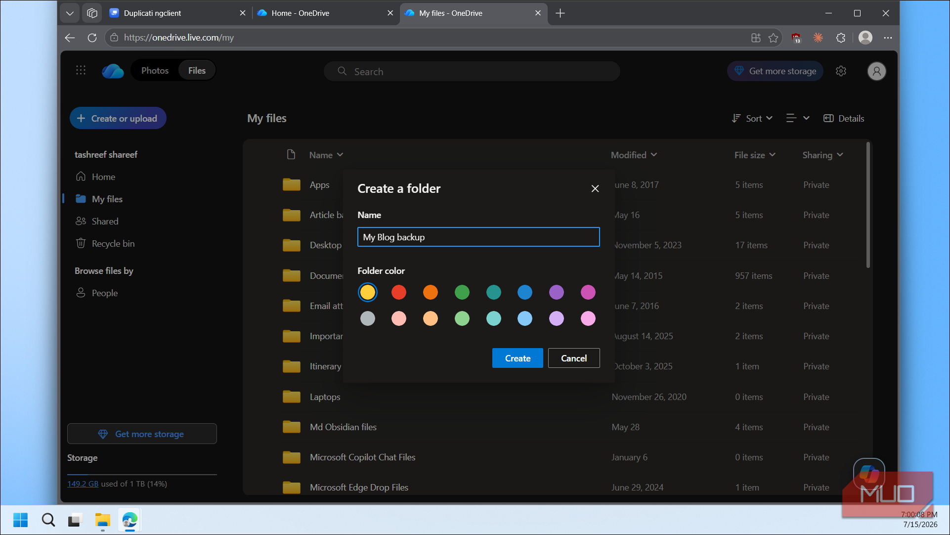 OneDrive create My Blog backup folder