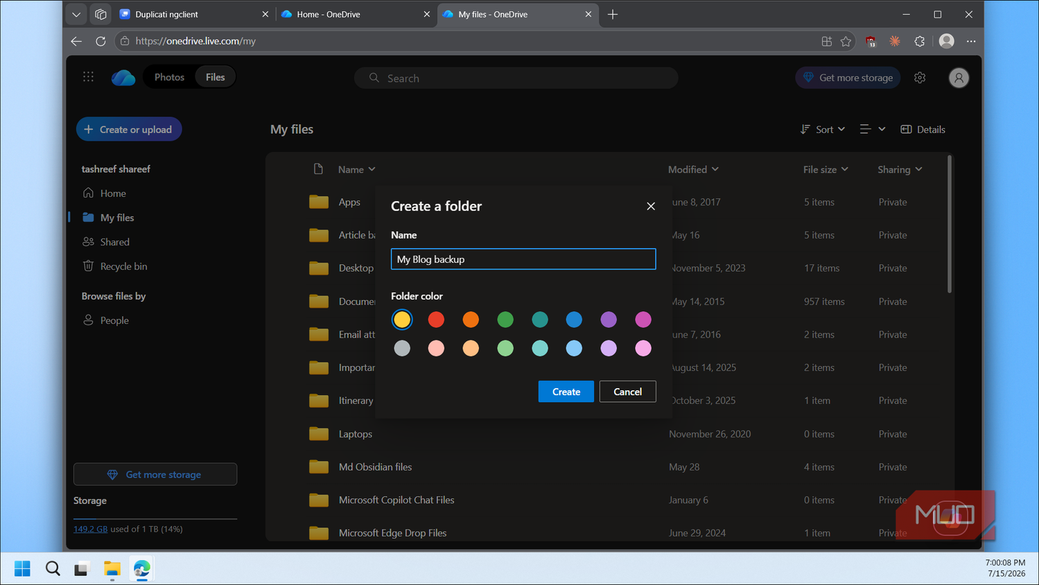 OneDrive create My Blog backup folder