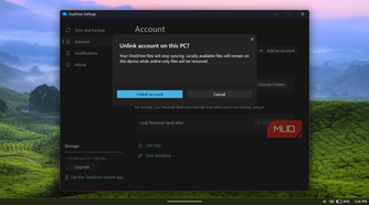 OneDrive settings showing unlink account confirmation dialog