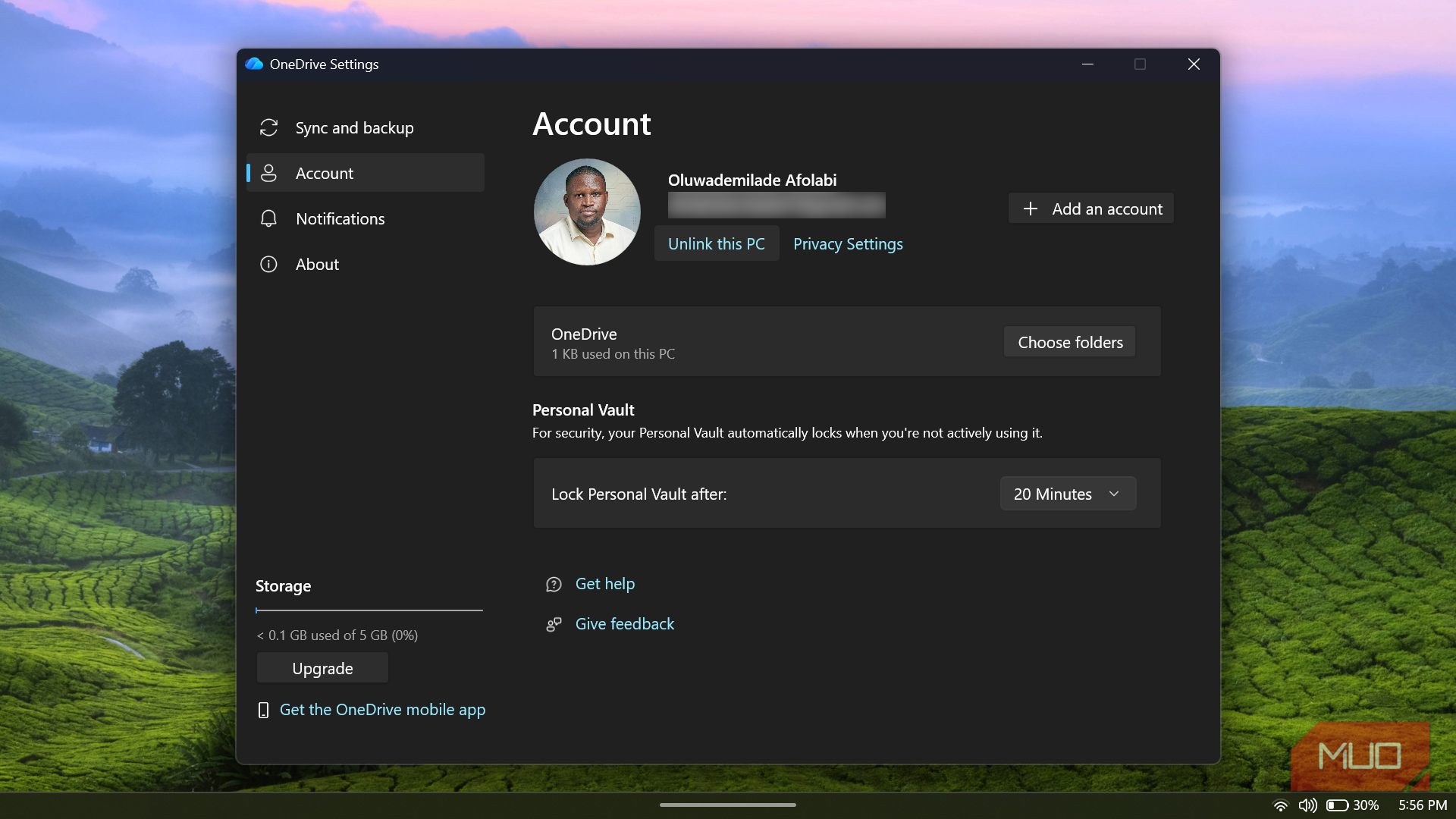 OneDrive settings window showing account details_