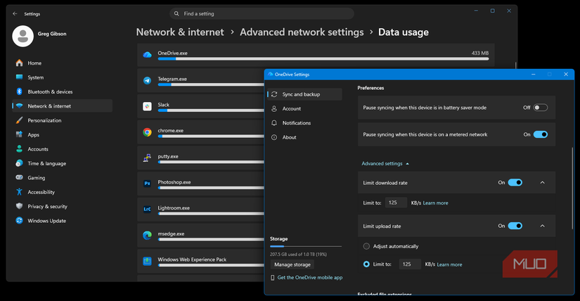 OneDrive data usage and download and upload rate limitation settings