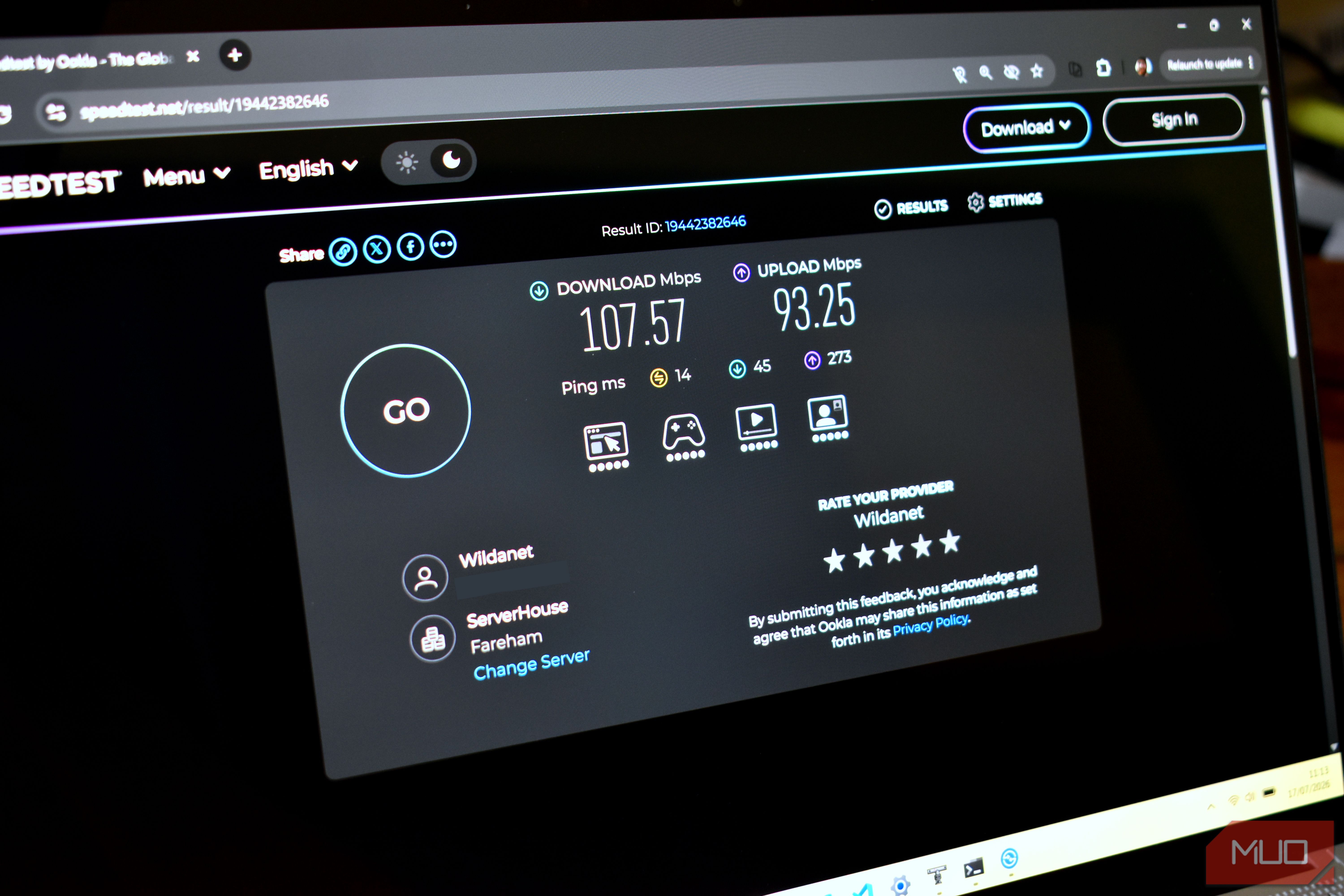 ookla speed test on laptop screen.