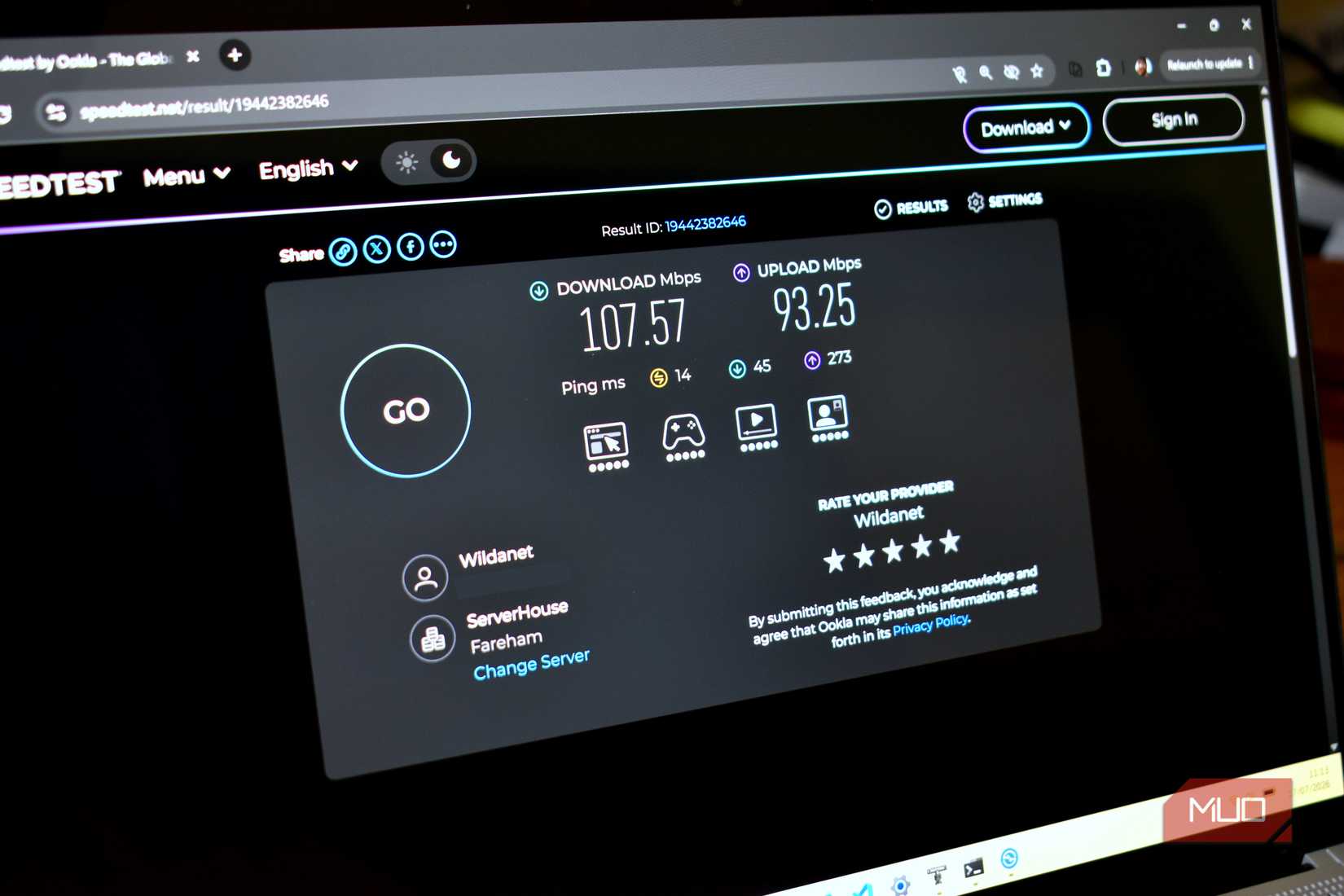 ookla speed test on laptop screen.