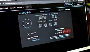 ookla speed test on laptop screen.