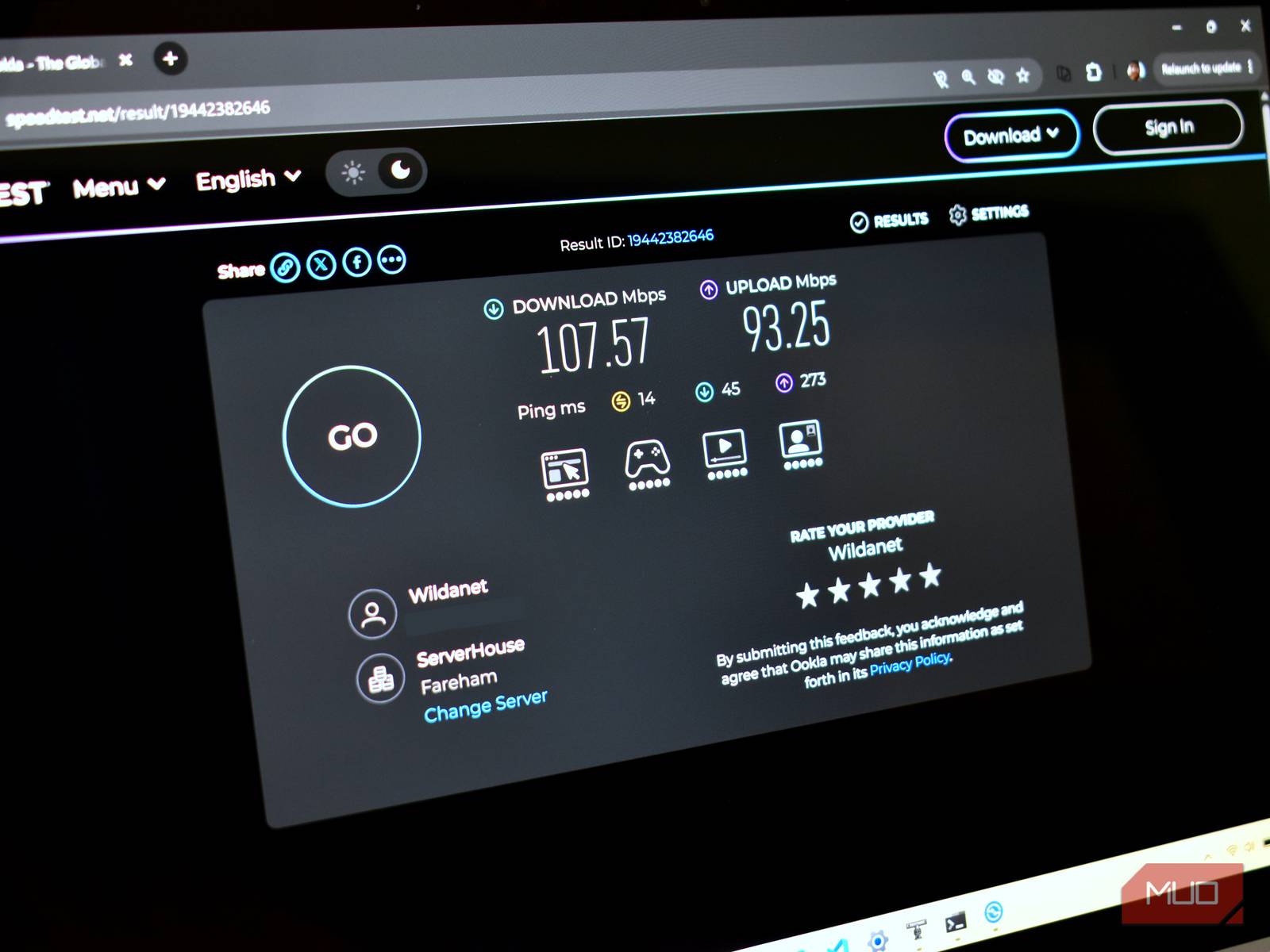speedtest.net results on laptop screen