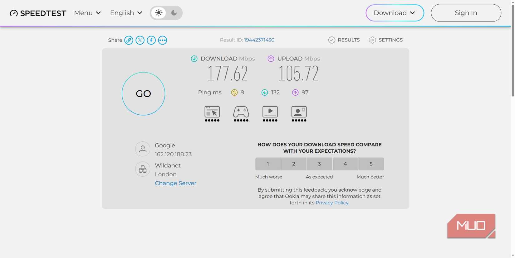 ookla speed test results in browser.