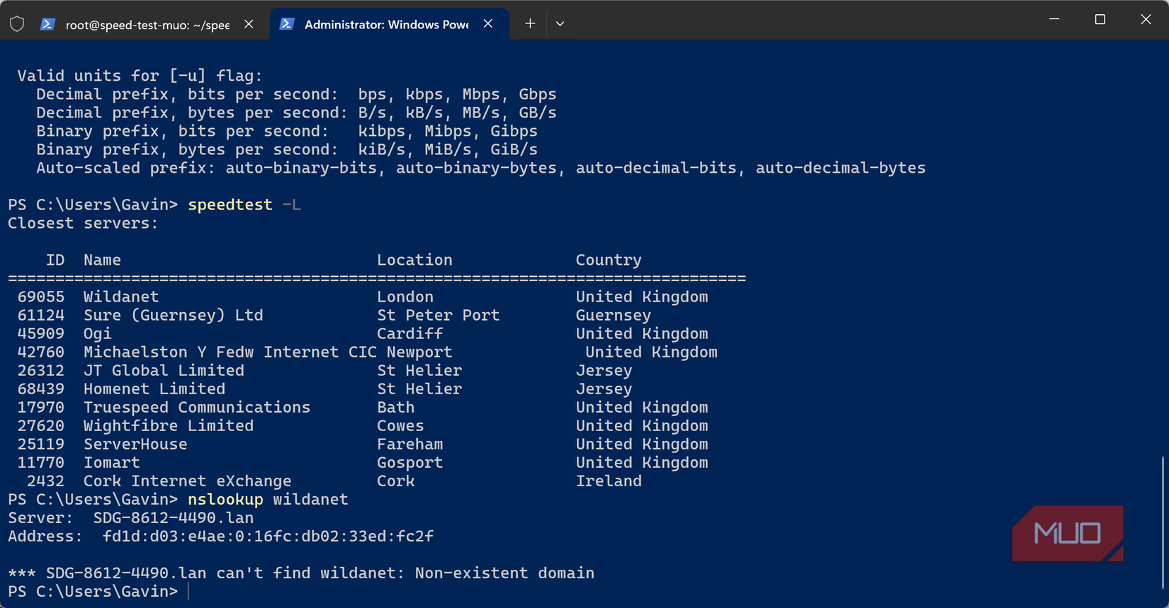 ookla speed test server options in windows terminal.