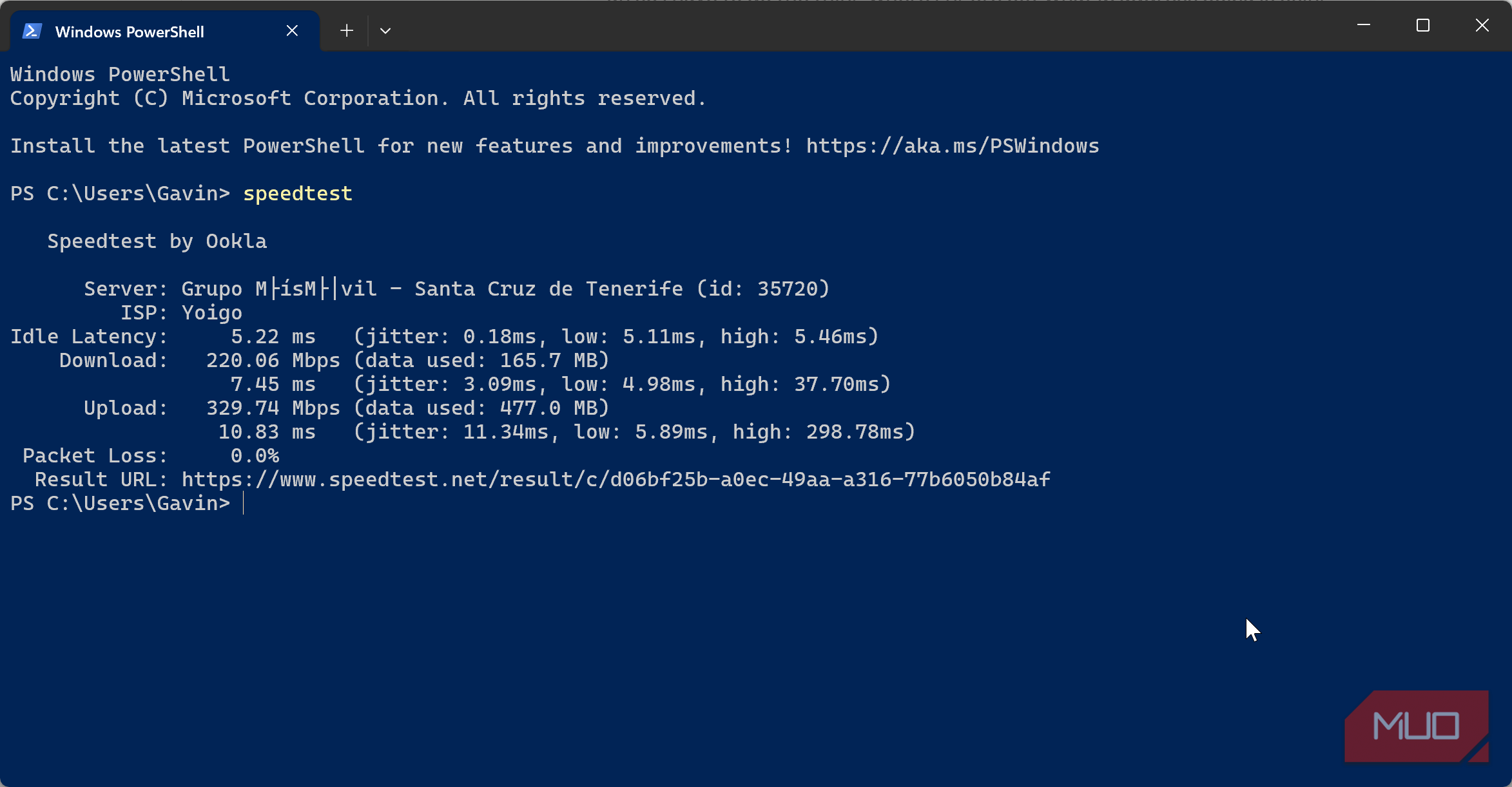 ookla speedtest running in windows terminal