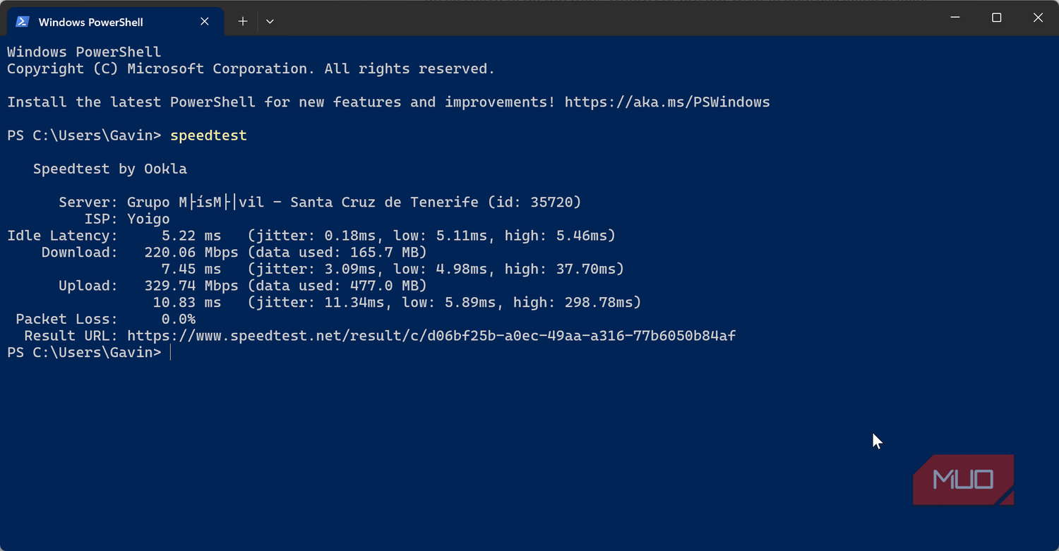 ookla speedtest running in windows terminal