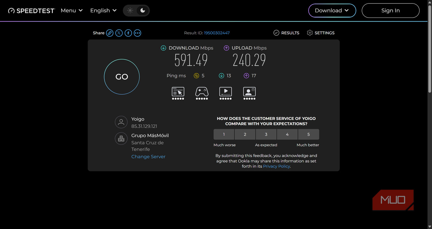 ookla speedtest showing 600mbps download speed in spain.