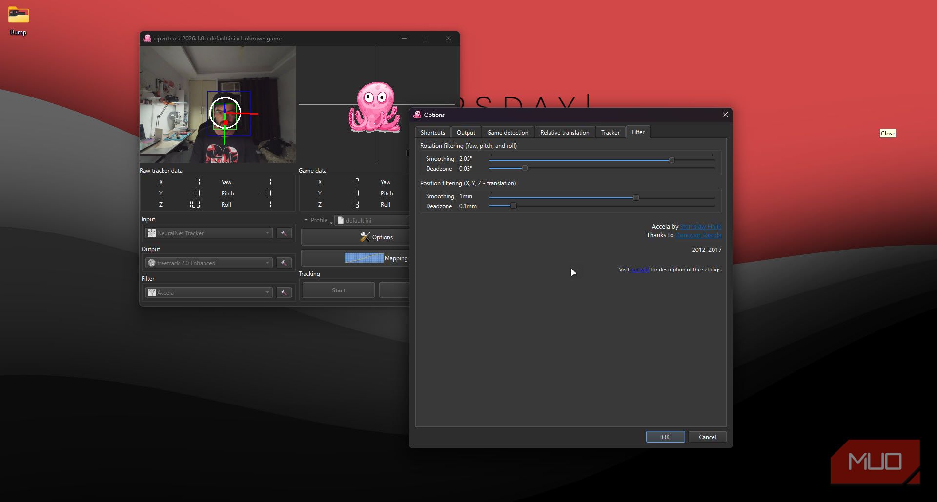 OpenTrack filter menu.