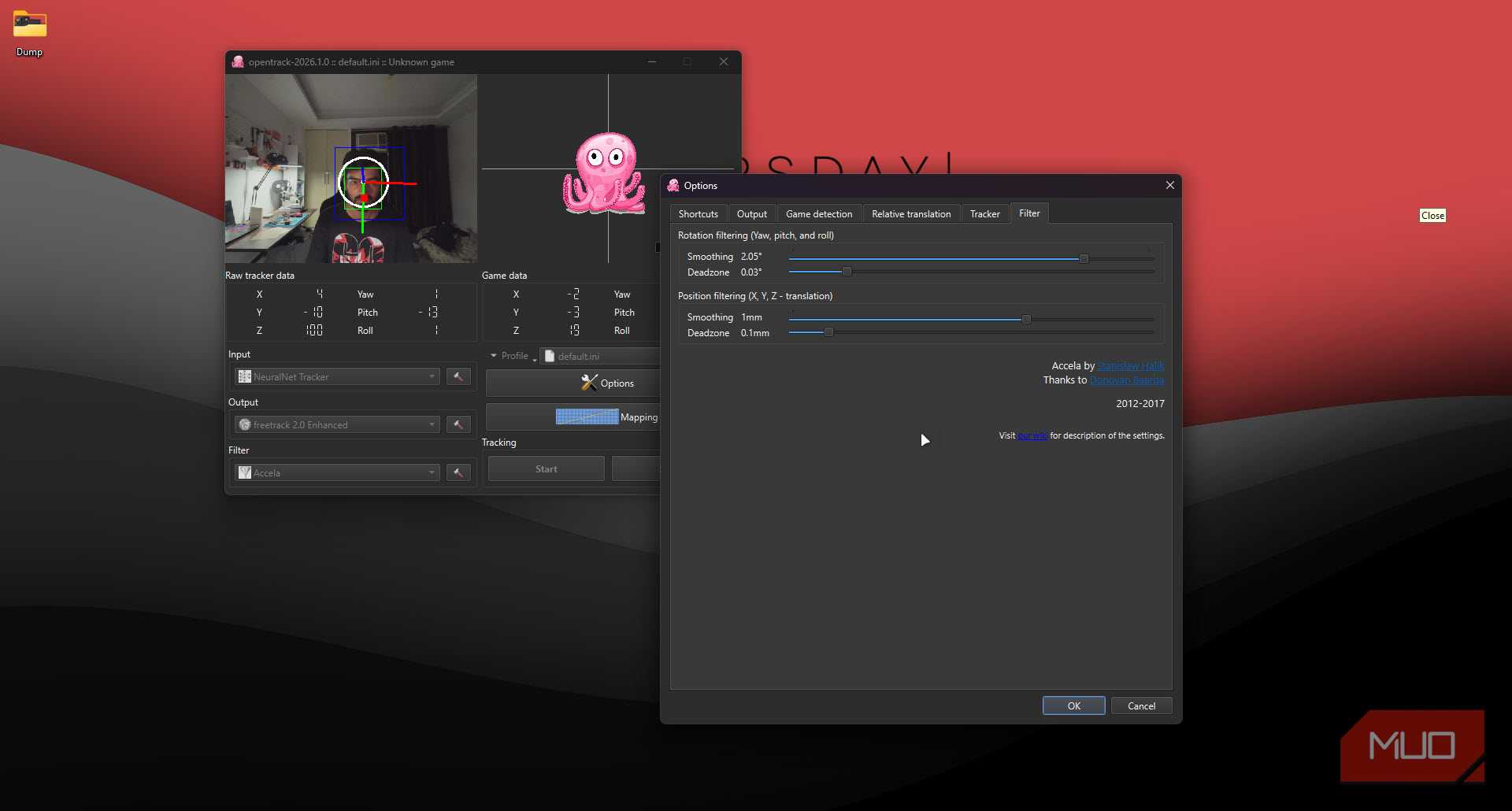 OpenTrack filter menu.