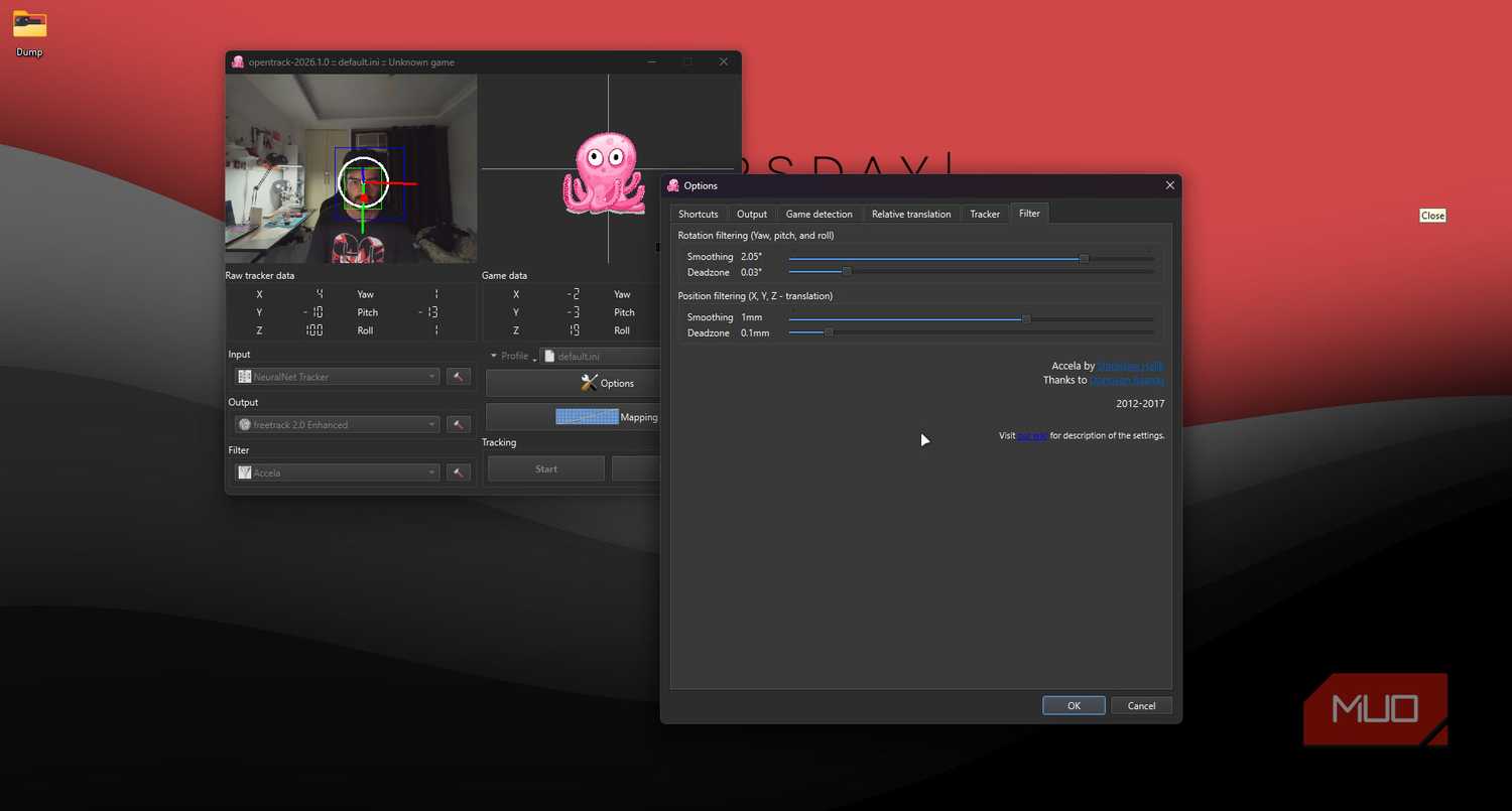 OpenTrack filter menu.