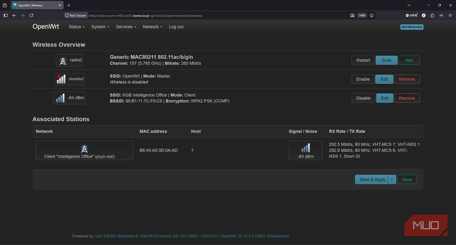 OpenWRT network and wireless settings showing Wi-Fi adapter in client mode