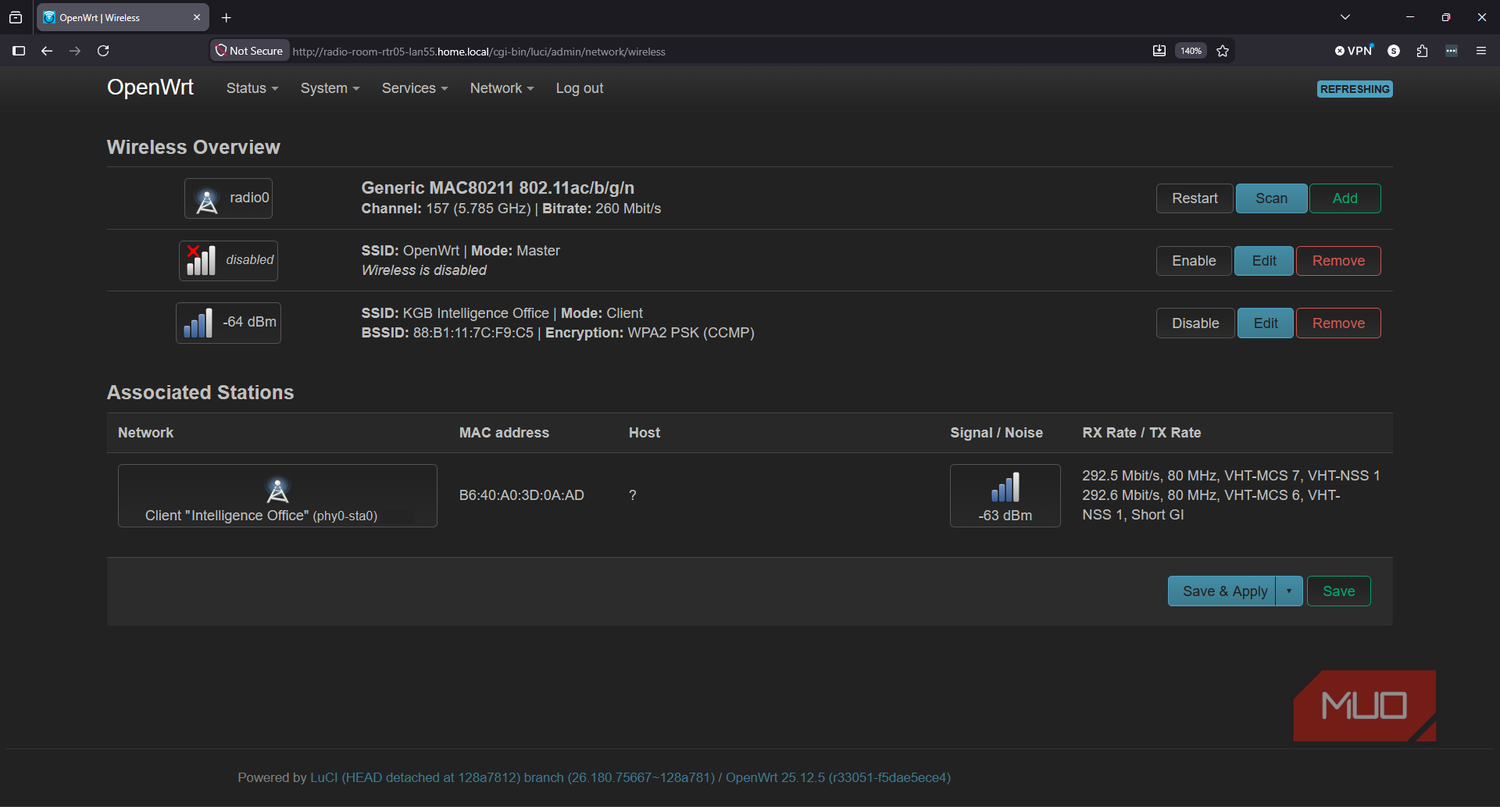 OpenWRT network and wireless settings showing Wi-Fi adapter in client mode
