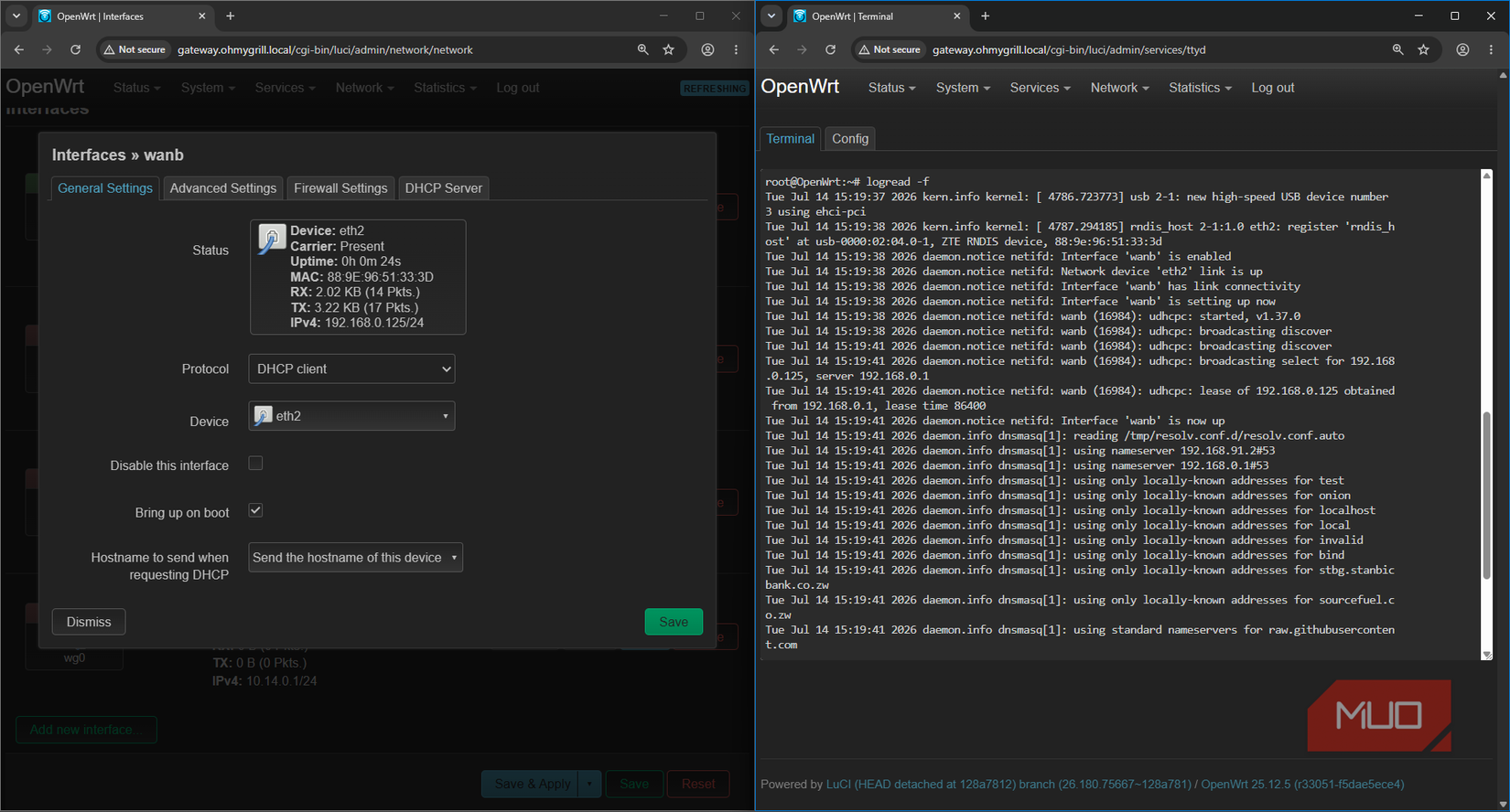 OpenWRT enabling and plugging in 5G modem and terminal showing output
