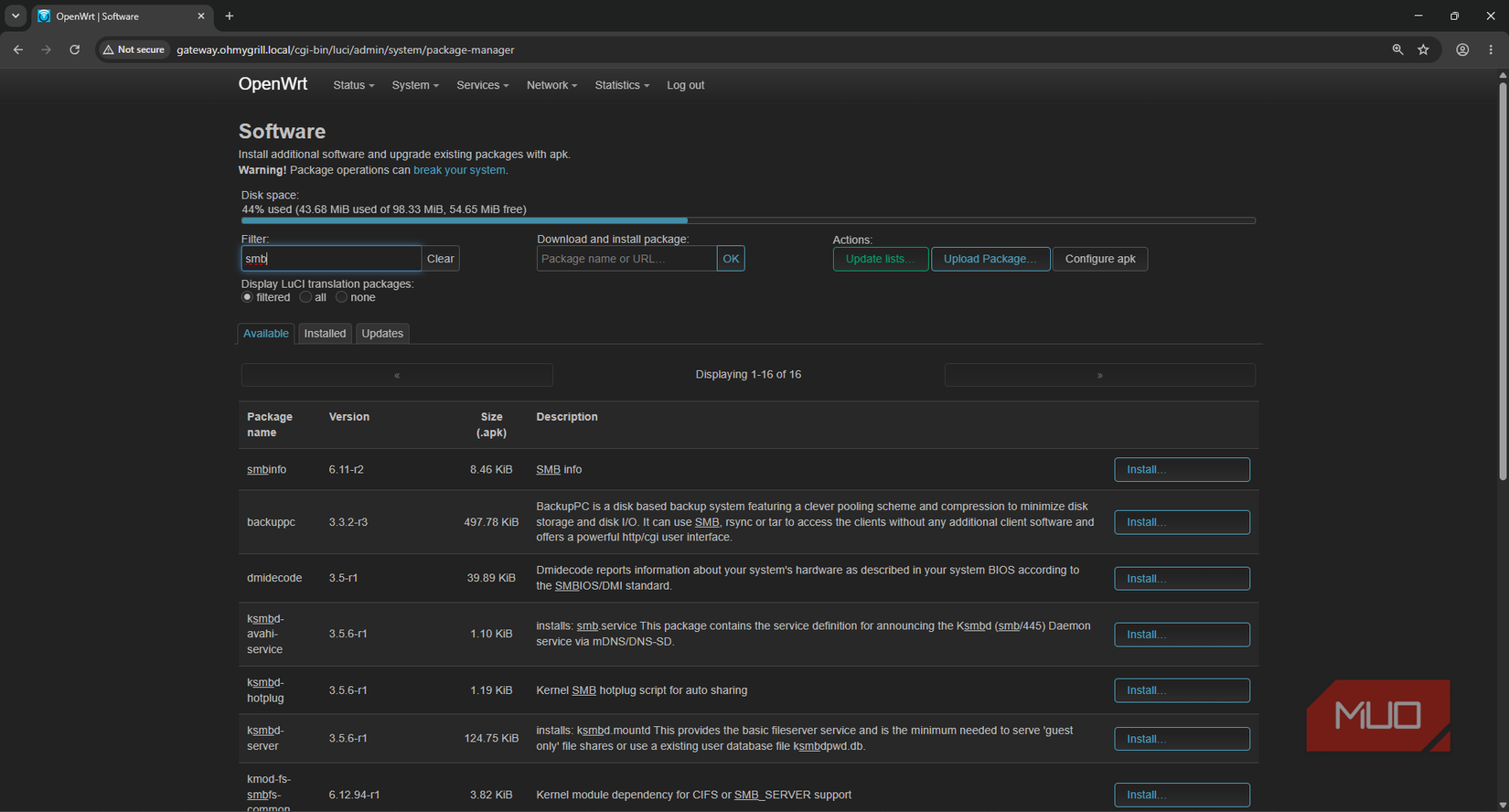 OpenWRT software package selection and installation page